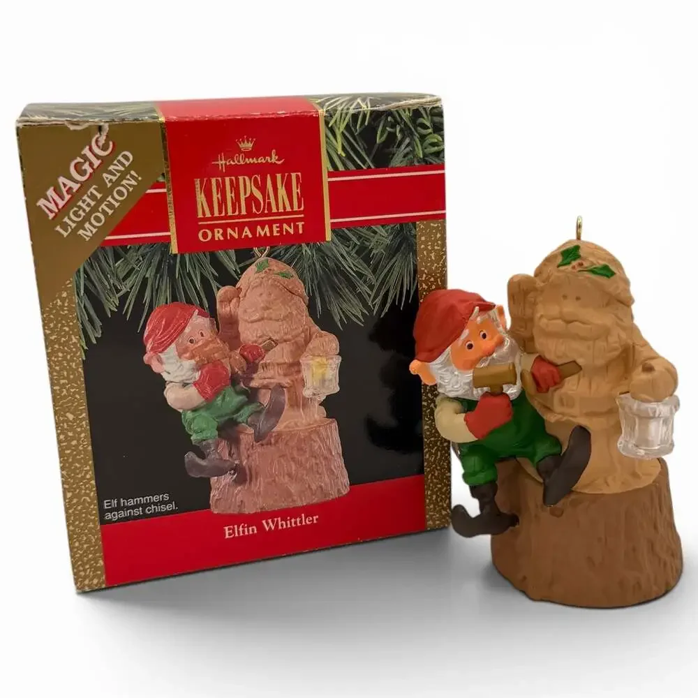 1990 Hallmark Keepsake Ornament Elfin Whittler Magic Light and Motion